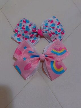 Girls Pink Flamingo & Rainbow Hair Bows Set